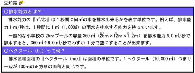 豆知識。排水能力とは。排水能力の立方メートル毎秒は1秒間に何立方メートルの水を排水できるかを表す単位です。ヘクタールって何。排水区域面積のヘクタールは面積の単位です。