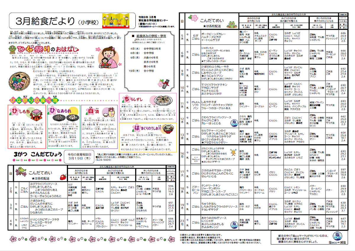 令和７年度3月小学校給食献立表