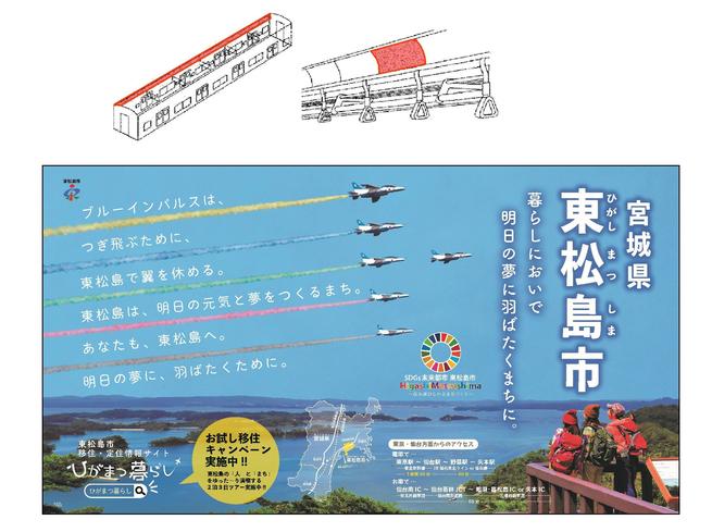 掲載位置：電車のつり革の上。ポスター：宮城県東松島市　暮らしにおいで　明日の夢に羽ばたくまちに